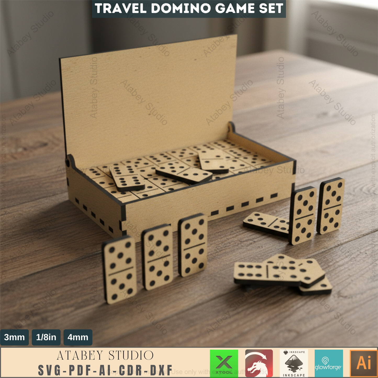 Portable Travel Domino Board Game Set / Laser Cut Dominoes Box / Wood DIY Box for Puzzle SVG, DXF Ai Cdr 553