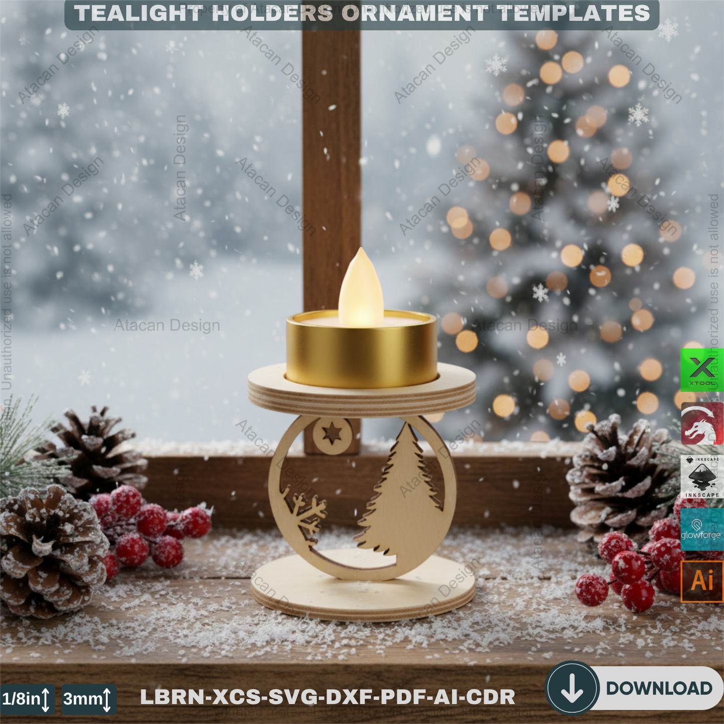 Snowflake Tealight Holder Set, Wooden Laser Cut Decor, Winter Candle Templates, Standing Tea Light Holders 907