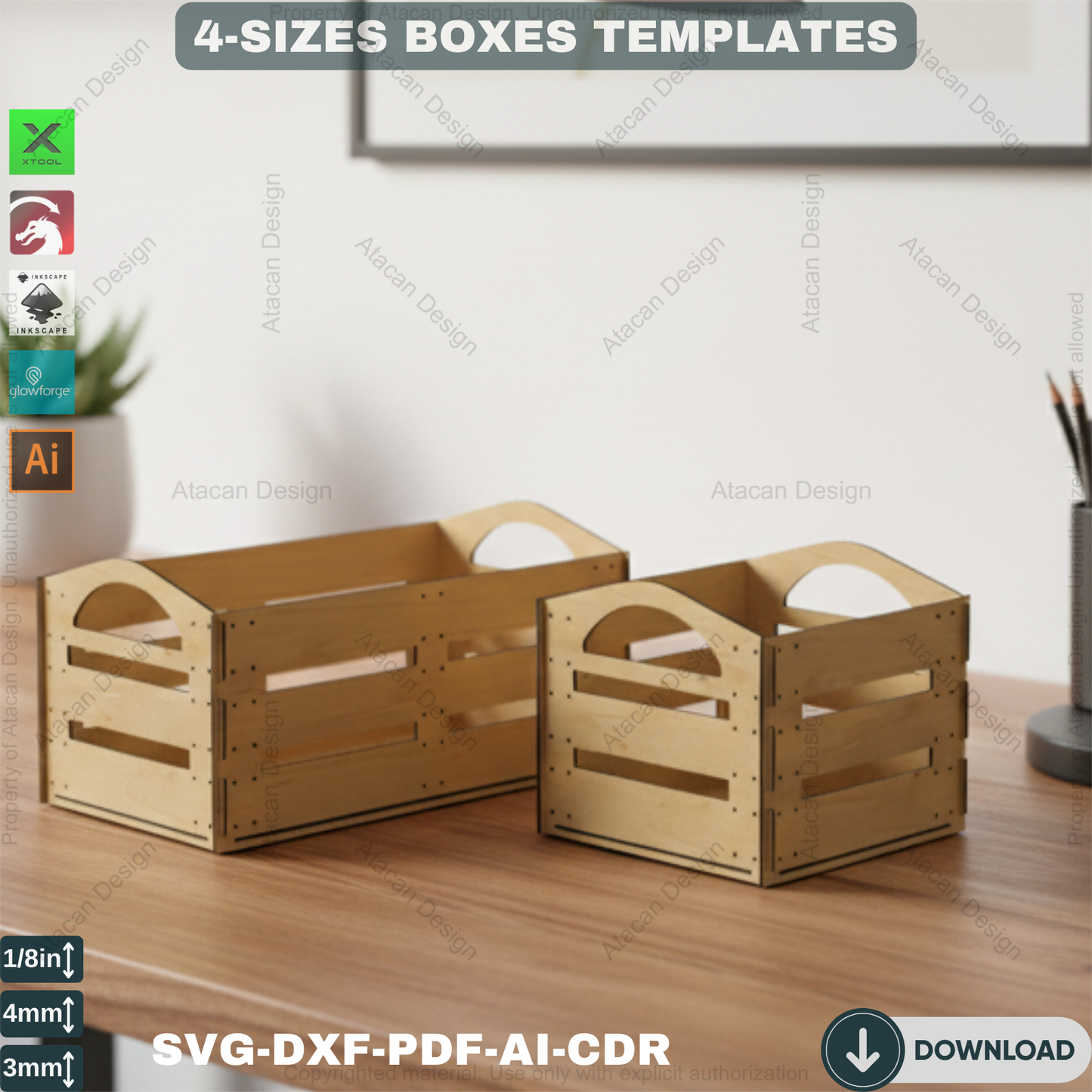 Wooden Laser cut Boxes / Box SVG Templates / Glowforge Box Cut Plans / Boxes With Handles Svg Dxf Ai Cdr Pdf 359