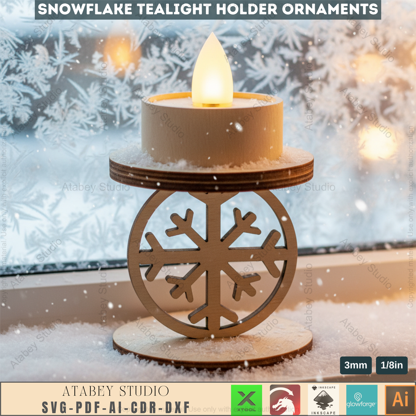 Winter Snowflake Tea Light Holder Set | Wooden Laser Cut Candle Stand Pattern | Christmas Ornament DIY Digital Craft Files 963
