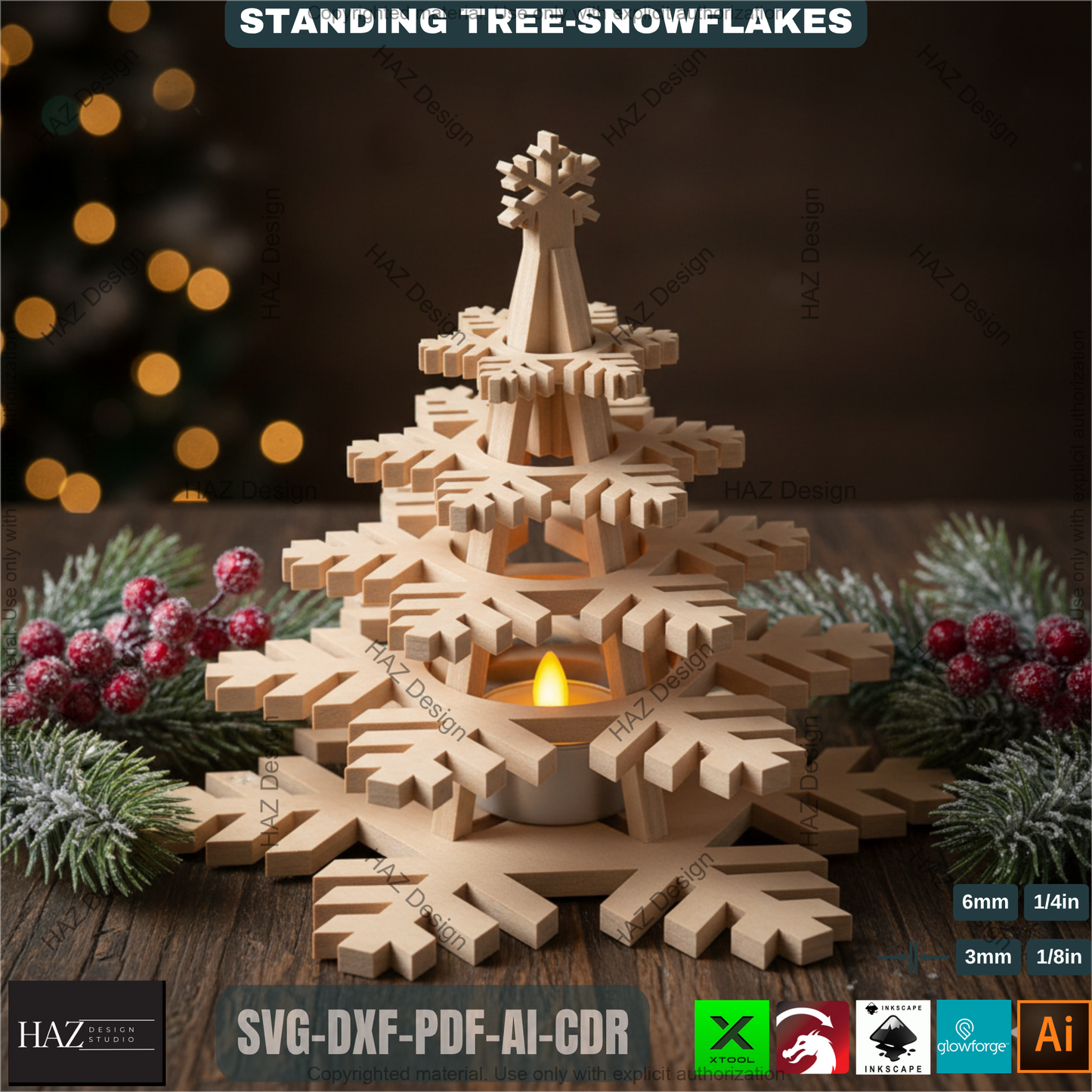 Wooden Snowflake Christmas Tree Light Decor Template Set Laser Cut Files for Holiday Table Centerpiece and Gift Craft 490