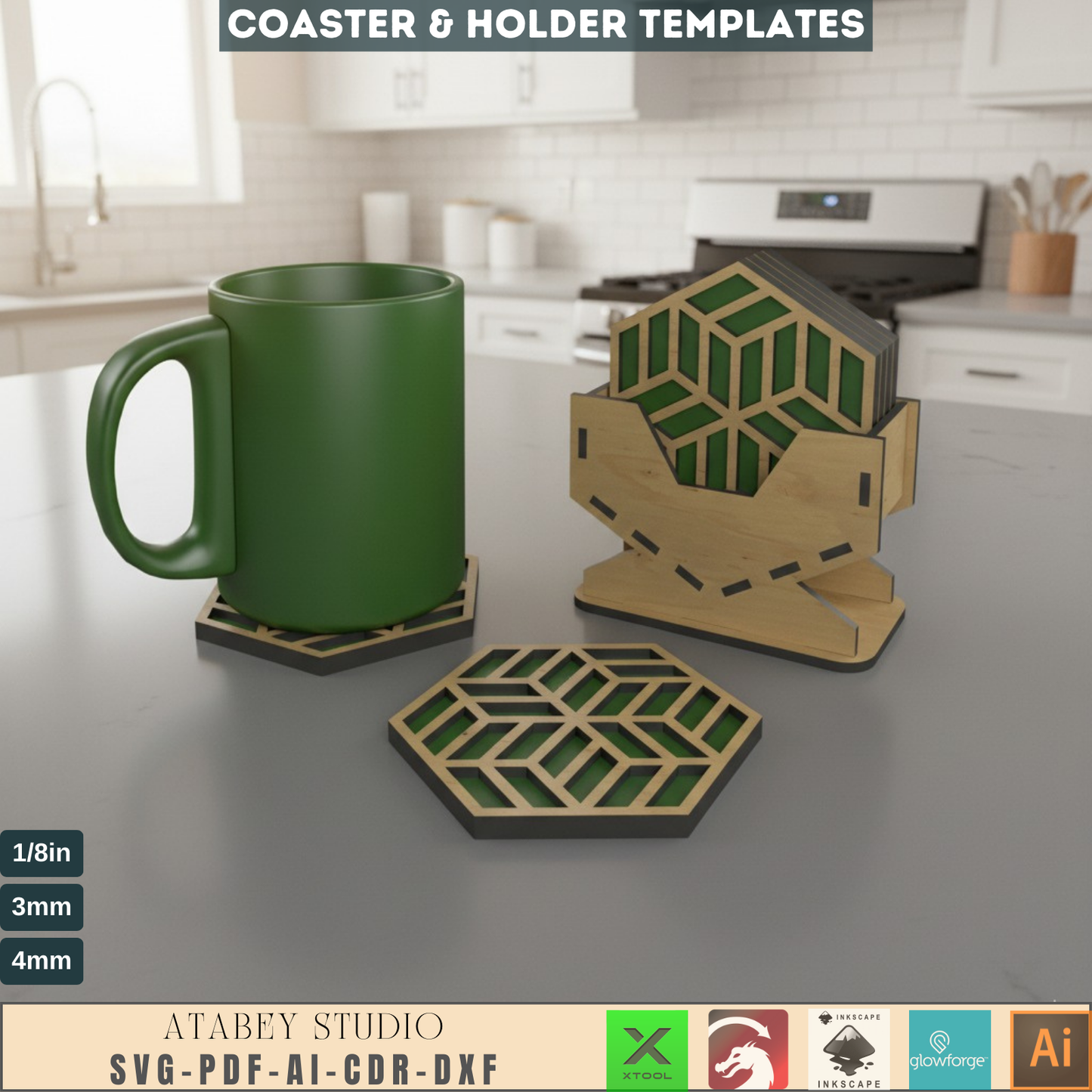 Laser Cut Coaster & Holder SVG Bundle for Home Decor, Hexagon Geometric Drink Coasters with Storage Rack Digital Files 552