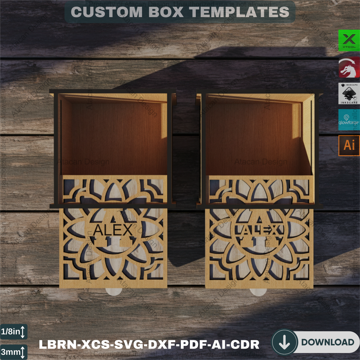 Monogram SVG Letters Laser Cut Gift Box: Jewelry Storage, Wooden Engravable Design, Two Styles 825