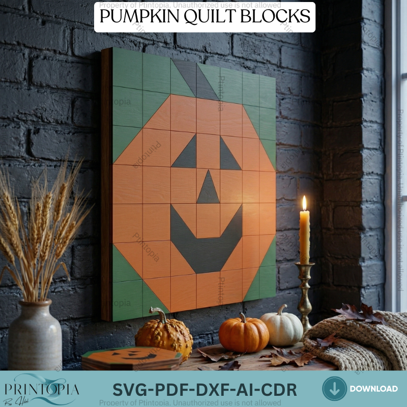 Rustic Halloween Pumpkin Barn Quilt Block LaserCut Template Wood Mosaic Wall Art Pattern 339
