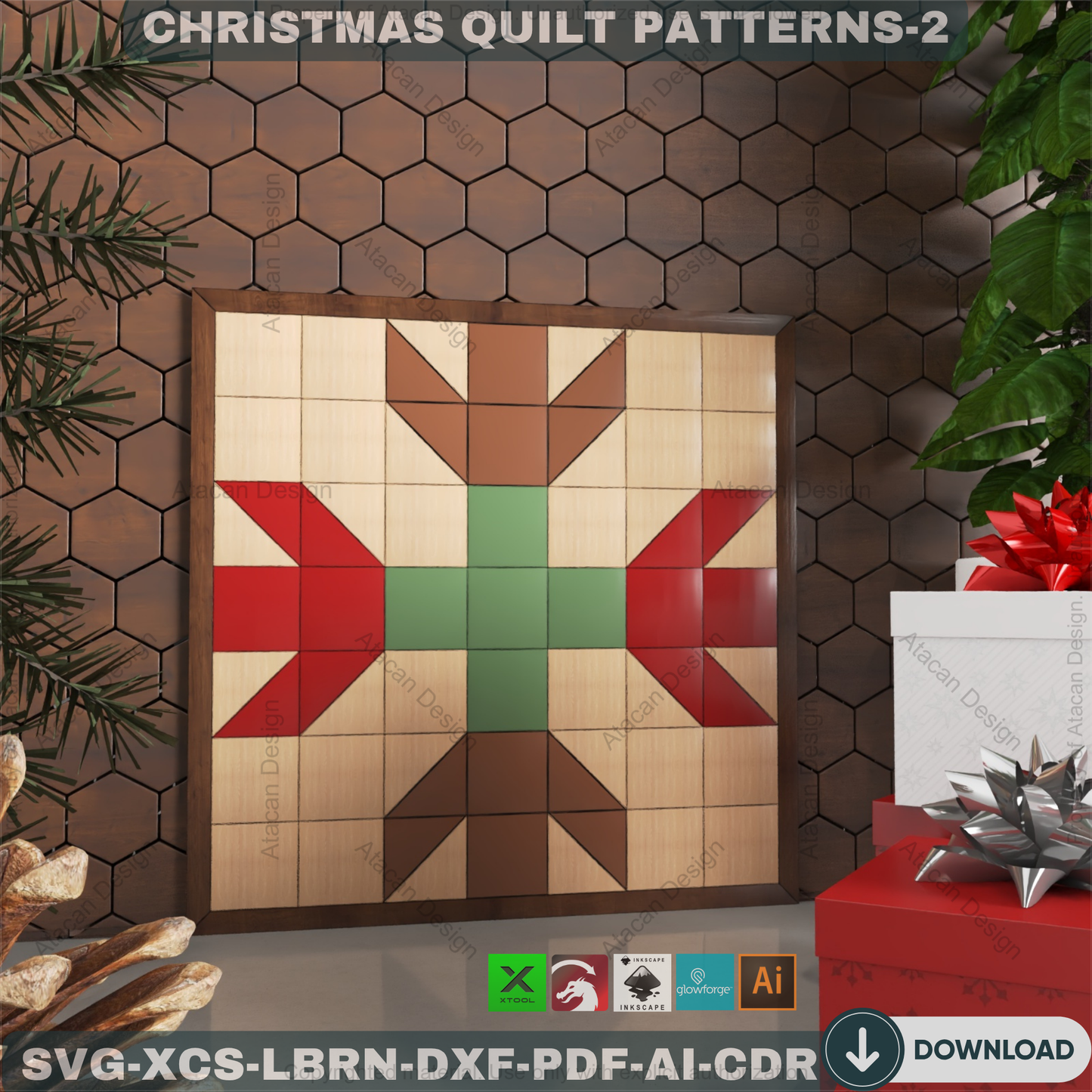 Christmas Patchwork SVG Files, Holiday Wood Quilt Block Templates, Laser Cut Tree and Snowflake Art for Farmhouse Decor 891