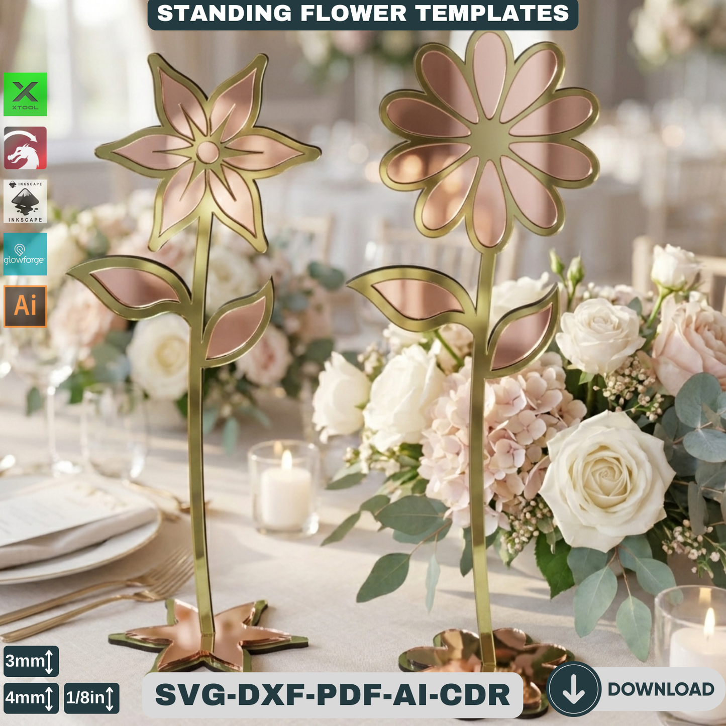 Wooden Stand Flowers Laser Cut Design | Decorative Wildflower Vector for Glowforge,Wildflower Decorative Stand Template 820