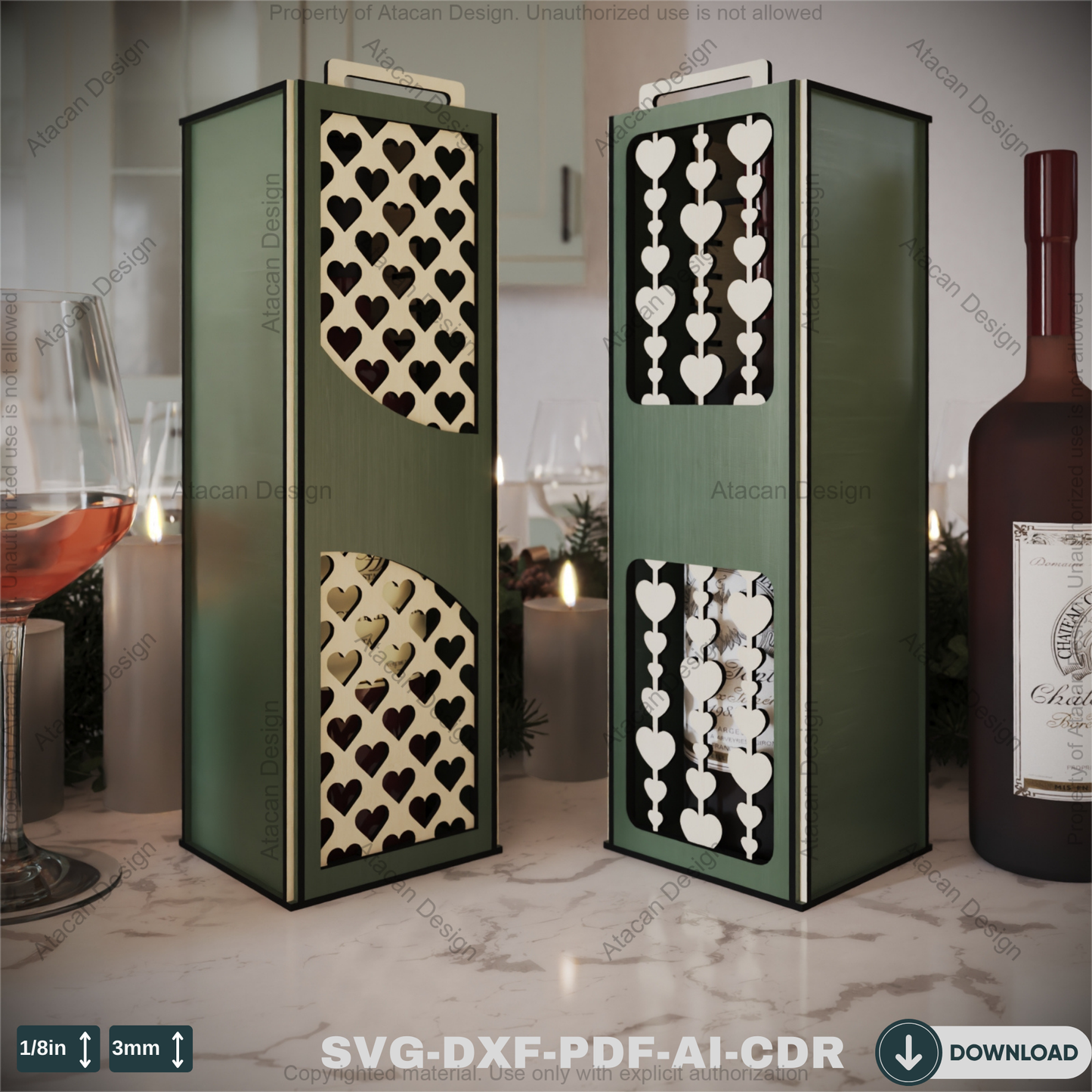 Laser Cut Wooden Wine Bottle Box with Heart Design - Perfect for Valentine's Day or Wine Gifts" 802