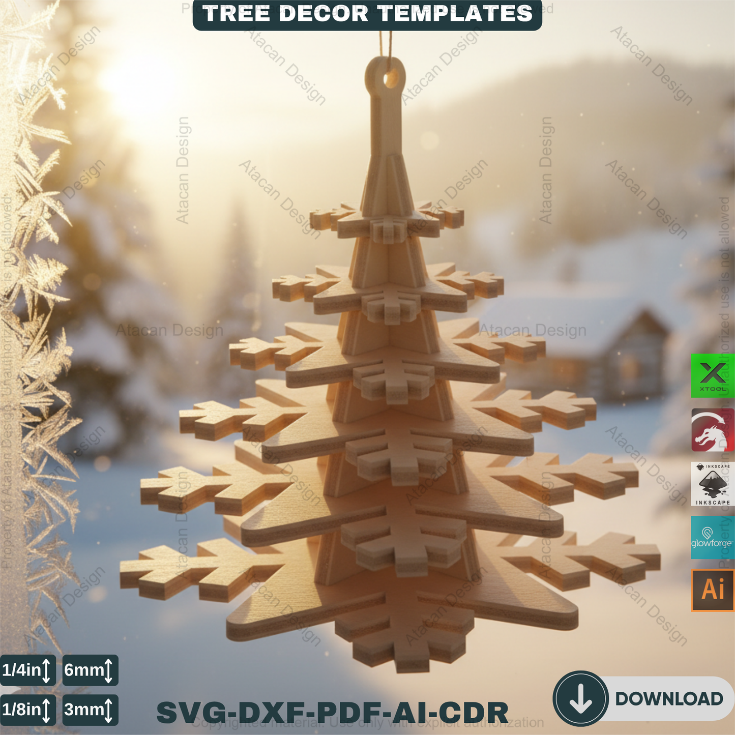 3D Christmas Tree Laser Cut File, Rustic Snowflake Holiday Decor, DIY Winter Tabletop Centerpiece for Glowforge & xTool 908