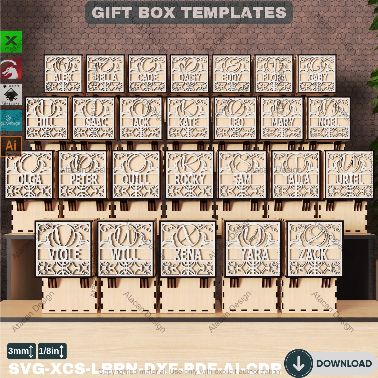 Laser Cut Monogram SVG Letters Wood Box Decorative Jewelry Case,Custom Design,Engravable Wood Gift,Personalized Wedding Favors,2 Designs 829