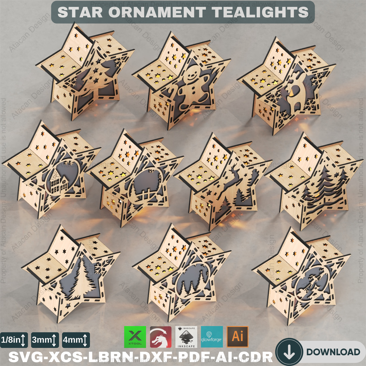 3D Star Night Light: Laser Ready Files, Candle Holder Pattern,10 design Christmas Star Table Lamp: Laser Cut Lantern, Holiday Decor 877
