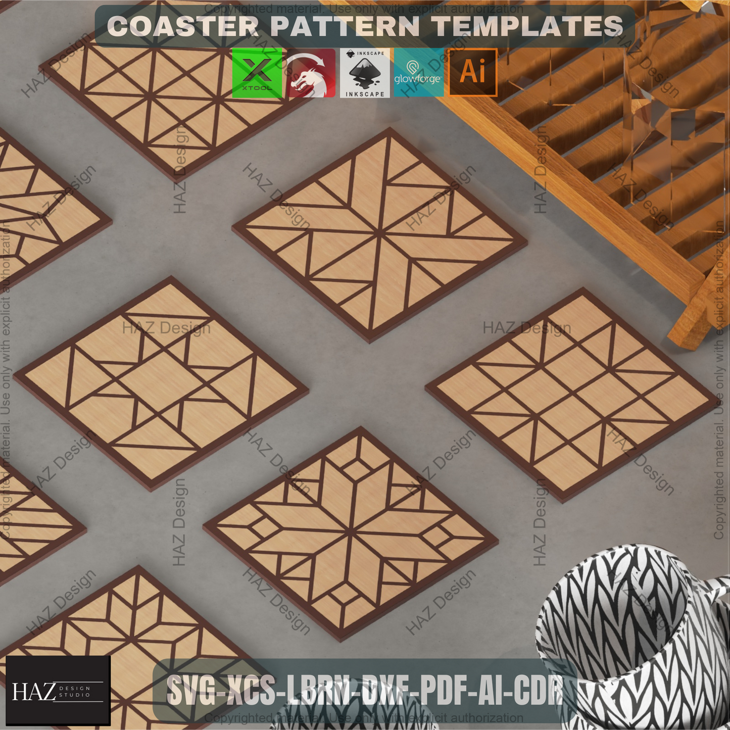 Geometric Mosaic Laser Files, Diamond Tile Patterns for Coasters & Wall Art, DIY Wood Inlay Project for Glowforge & Xtool 464