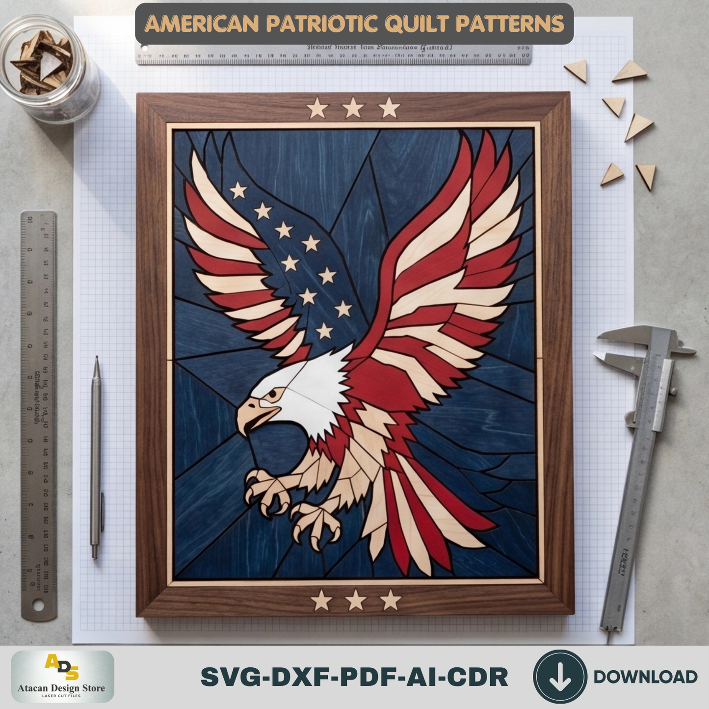 Patriotic Bald Eagle Pattern, American Flag WallArt Decor, 4th of July Veteran Wood Sign