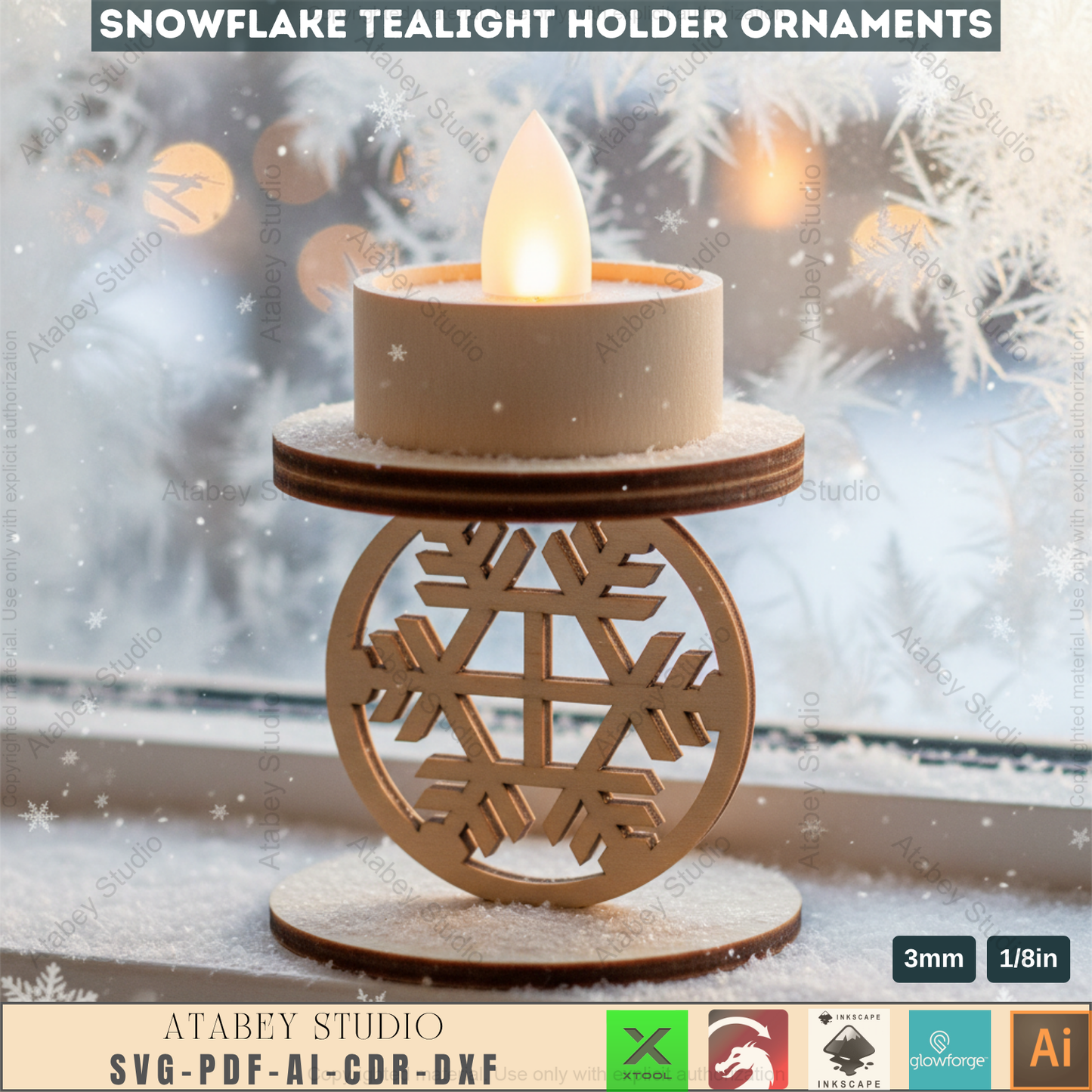 Winter Snowflake Tea Light Holder Set | Wooden Laser Cut Candle Stand Pattern | Christmas Ornament DIY Digital Craft Files 963