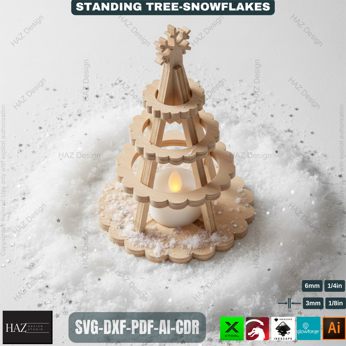 Wooden Snowflake Christmas Tree Light Decor Template Set Laser Cut Files for Holiday Table Centerpiece and Gift Craft 490