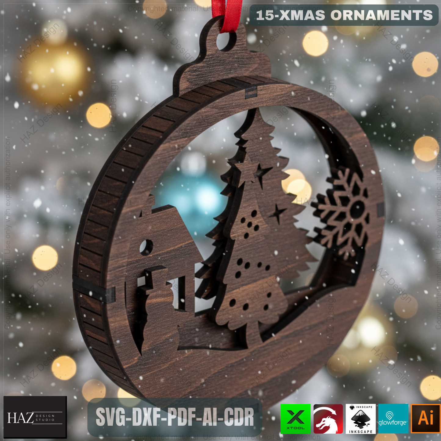 Christmas Laser Cut Ornament SVG Bundle - 15 Unique Wooden Xmas Pendant Designs for Glowforge & Xtool 487