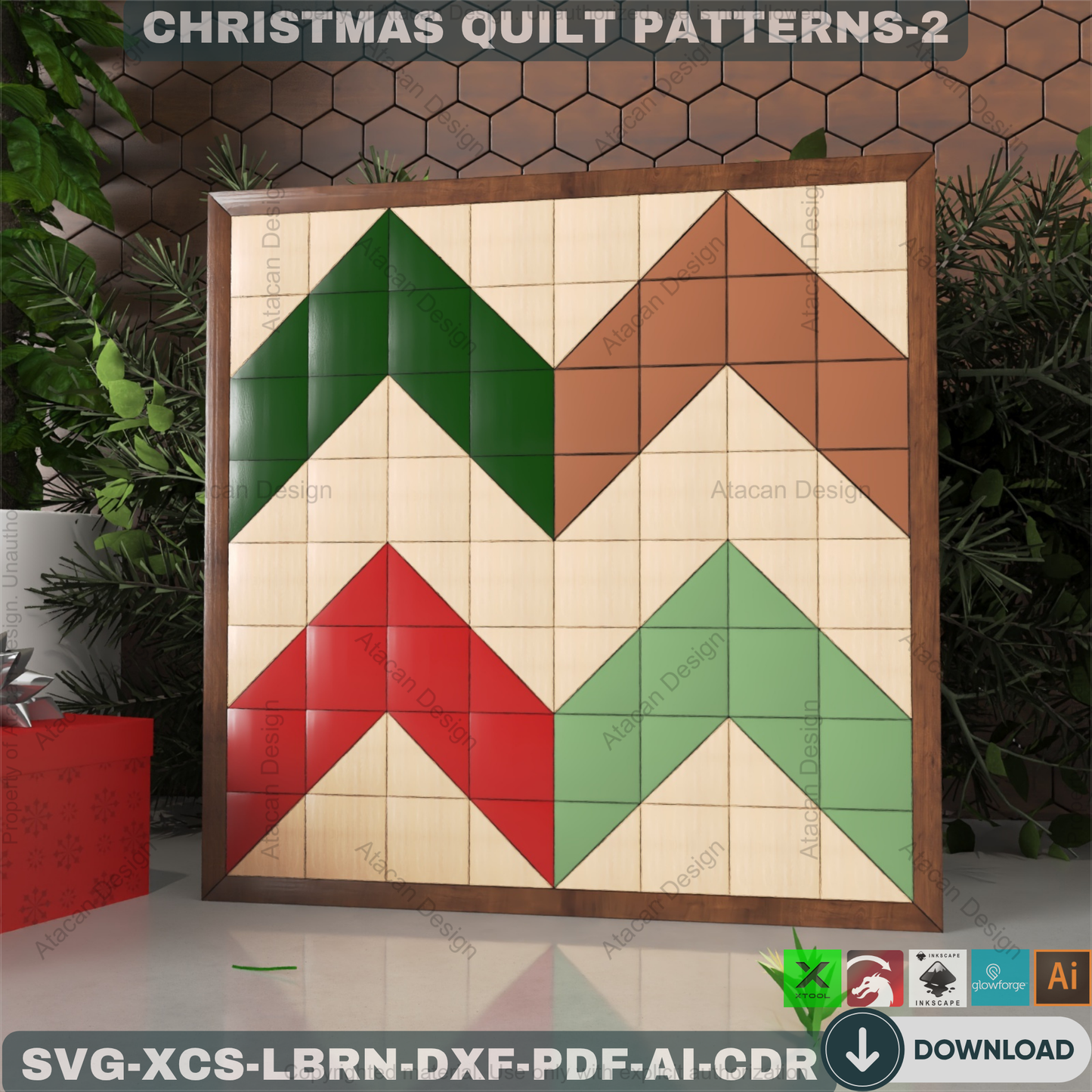 Christmas Patchwork SVG Files, Holiday Wood Quilt Block Templates, Laser Cut Tree and Snowflake Art for Farmhouse Decor 891