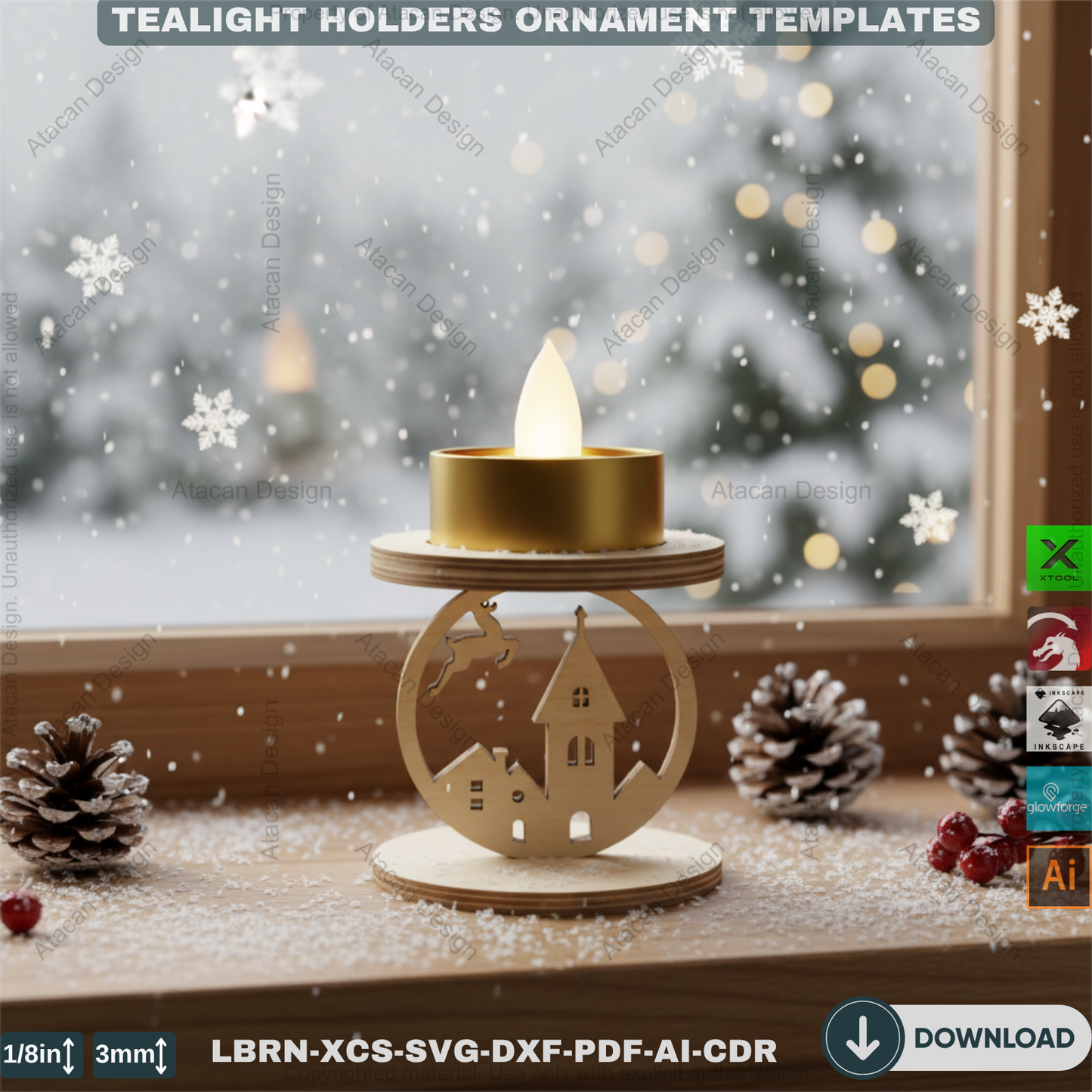 Snowflake Tealight Holder Set, Wooden Laser Cut Decor, Winter Candle Templates, Standing Tea Light Holders 907