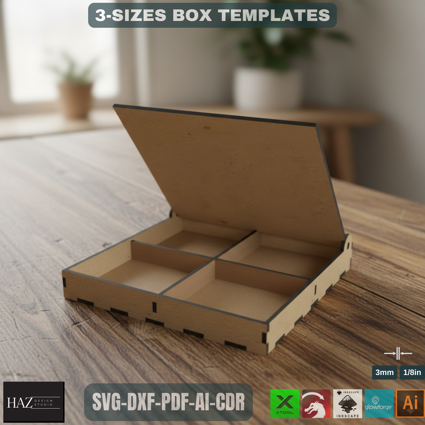 Divided Boxes With Lid - Multipurpose Jewelry and Storage Box - Laser Cut Wooden Box Files - Boxes Grid and Flip Lid SVG DXF Ai Cdr 188