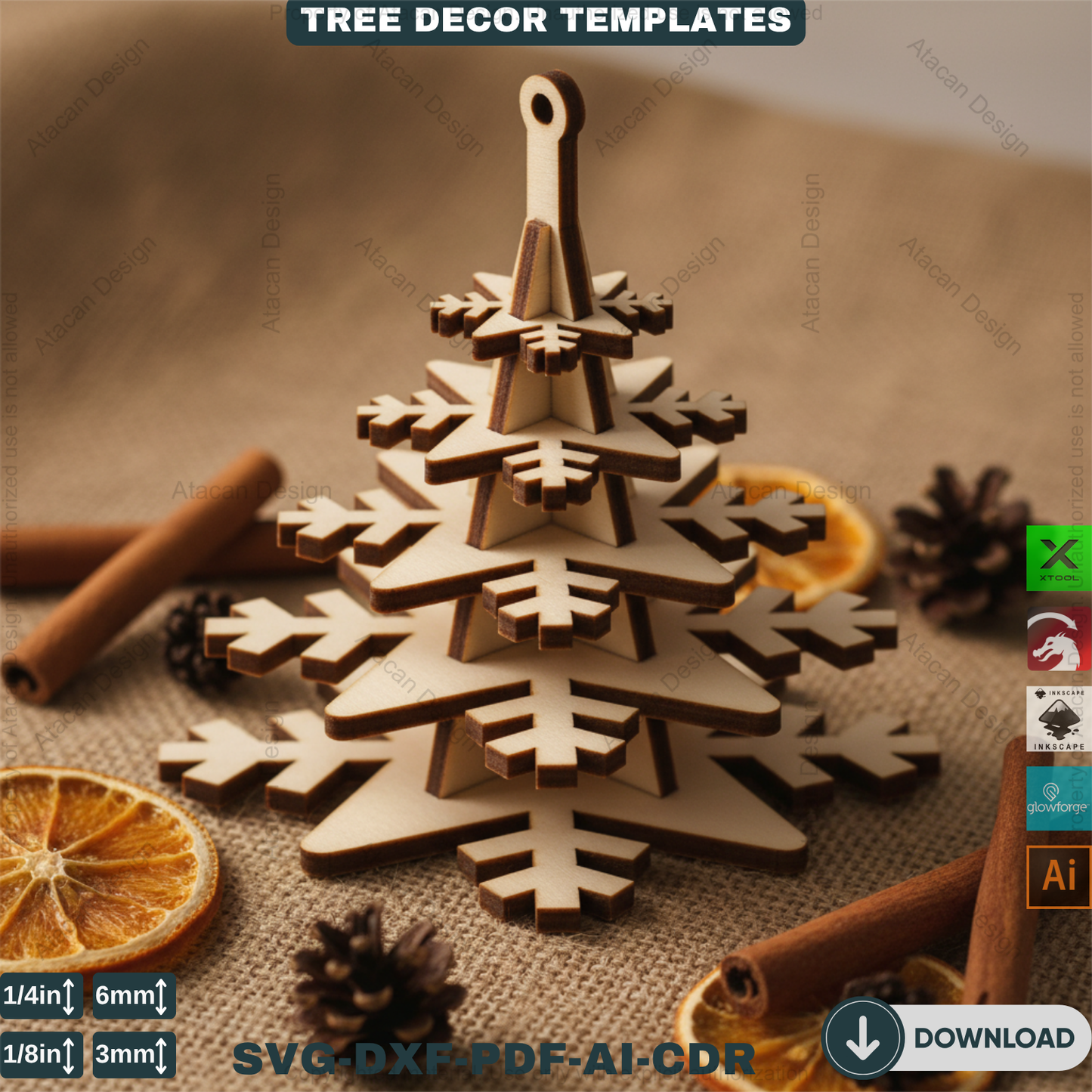 3D Christmas Tree Laser Cut File, Rustic Snowflake Holiday Decor, DIY Winter Tabletop Centerpiece for Glowforge & xTool 908