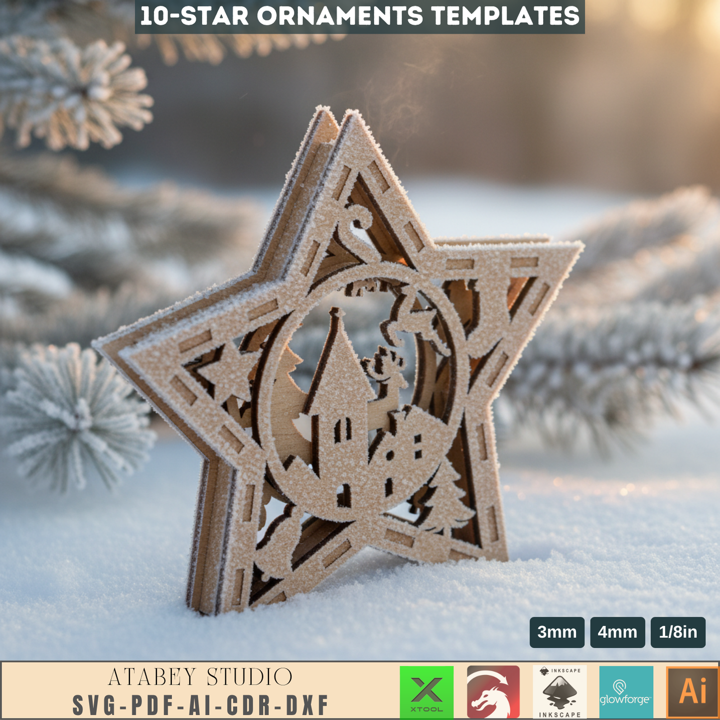 3D Christmas Star Ornament Laser Cut Files for Wood & Acrylic Holiday Tree Decorations 959