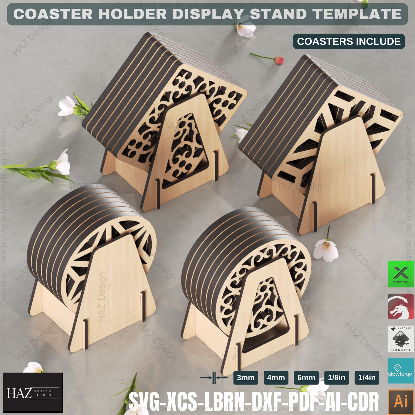 Laser Cut Coaster Caddie: Wooden Round & Square Designs,Coaster Holder SVG: Digital File for Laser Cutting, 5 Thicknesses 430
