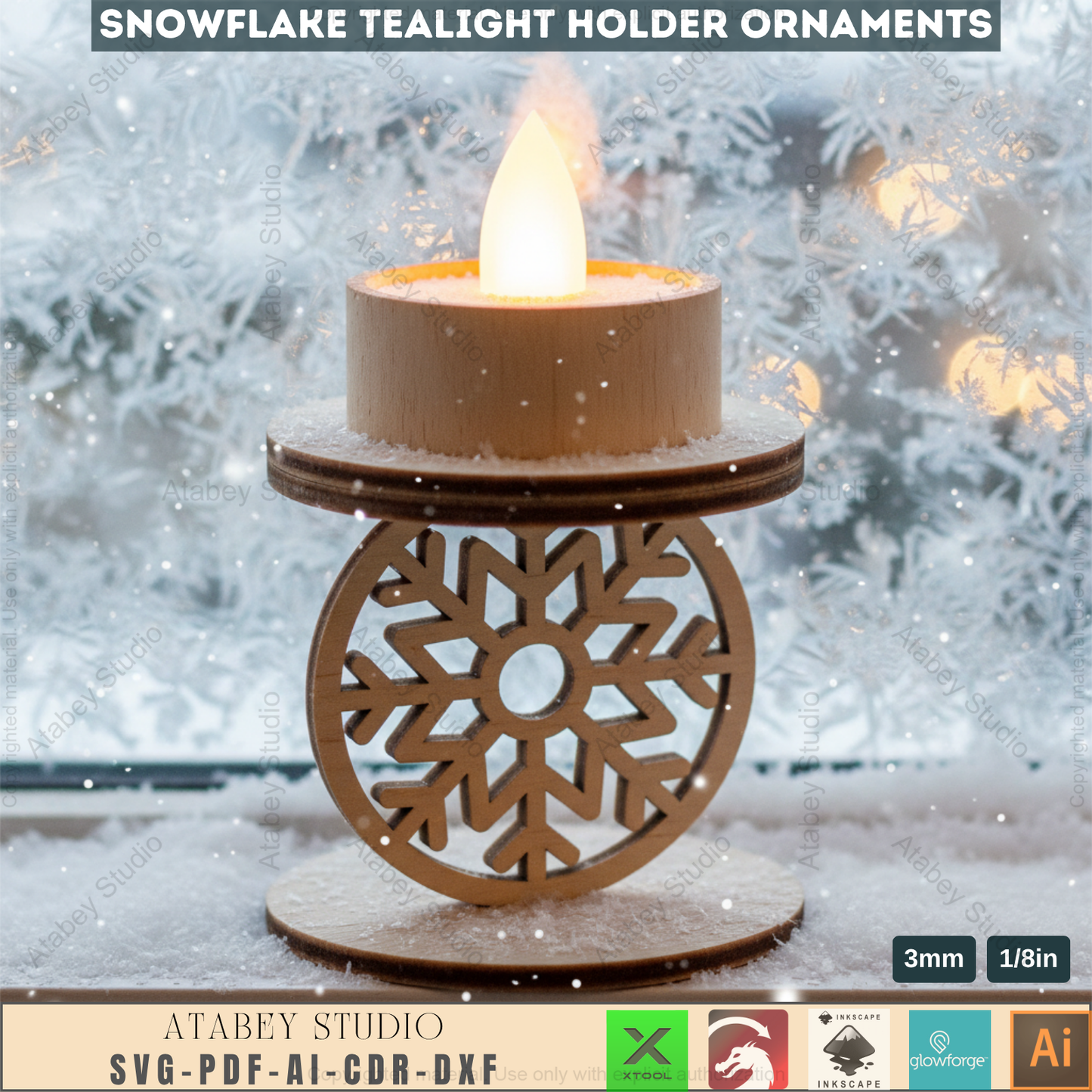 Winter Snowflake Tea Light Holder Set | Wooden Laser Cut Candle Stand Pattern | Christmas Ornament DIY Digital Craft Files 963