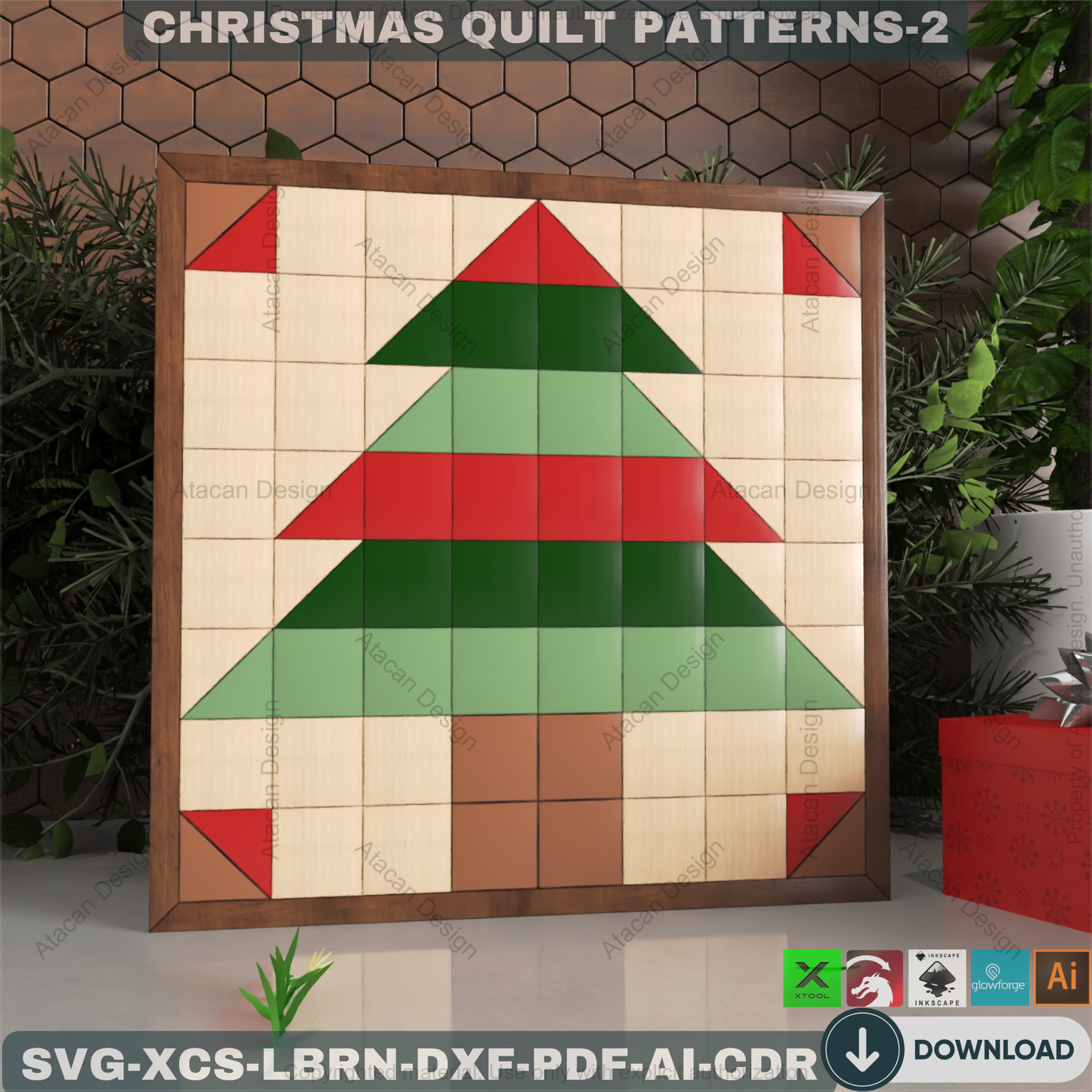 Christmas Patchwork SVG Files, Holiday Wood Quilt Block Templates, Laser Cut Tree and Snowflake Art for Farmhouse Decor 891