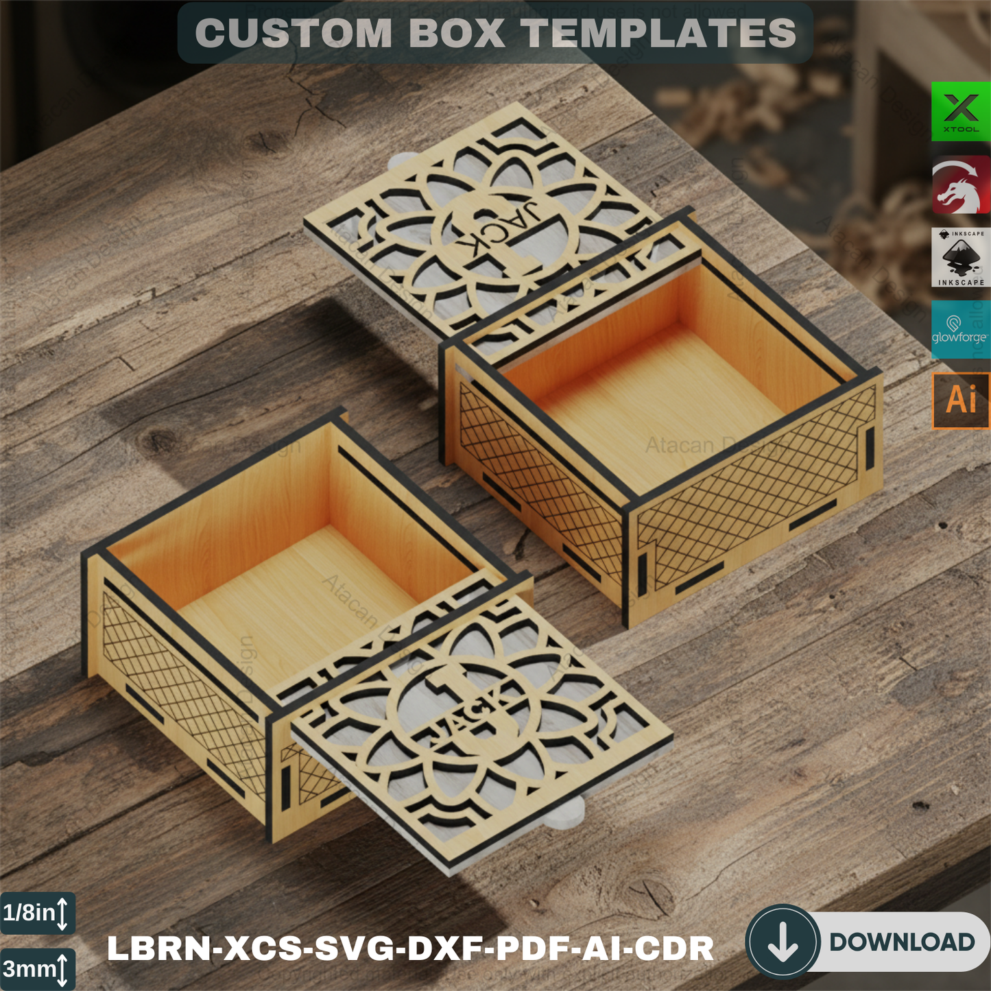 Monogram SVG Letters Laser Cut Gift Box: Jewelry Storage, Wooden Engravable Design, Two Styles 825