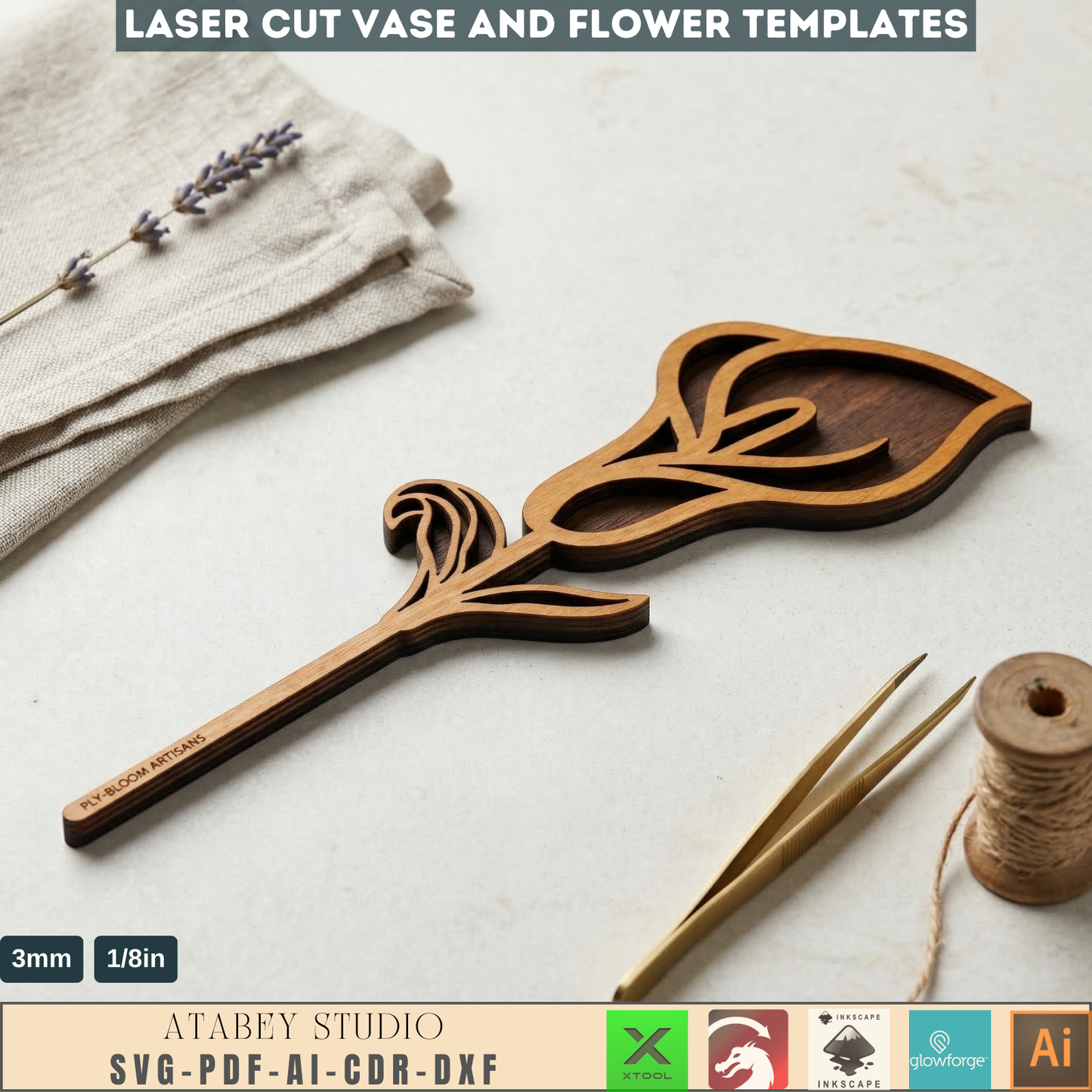 Vases and Wildflower Templates, Layered Floral Table Decor Cutting Files, Wood Flower Bouquet 998