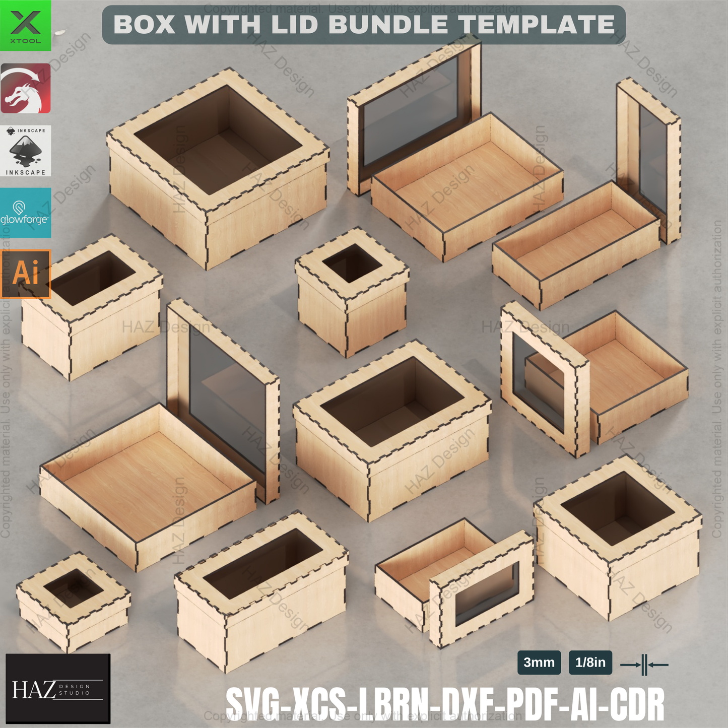 Laser Cut Box Template Bundle - 12 Sizes with Window & Solid Lids - Digital Files 435