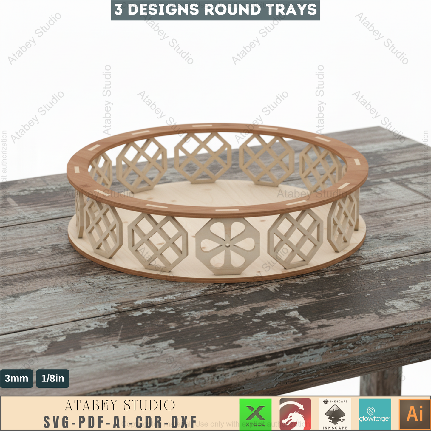 3 Sizes Round Decorative Tray Cutting File - Wooden Baskets Svg Cut Plans 152