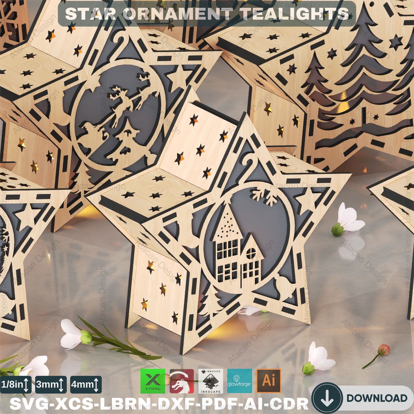 3D Star Night Light: Laser Ready Files, Candle Holder Pattern,10 design Christmas Star Table Lamp: Laser Cut Lantern, Holiday Decor 877