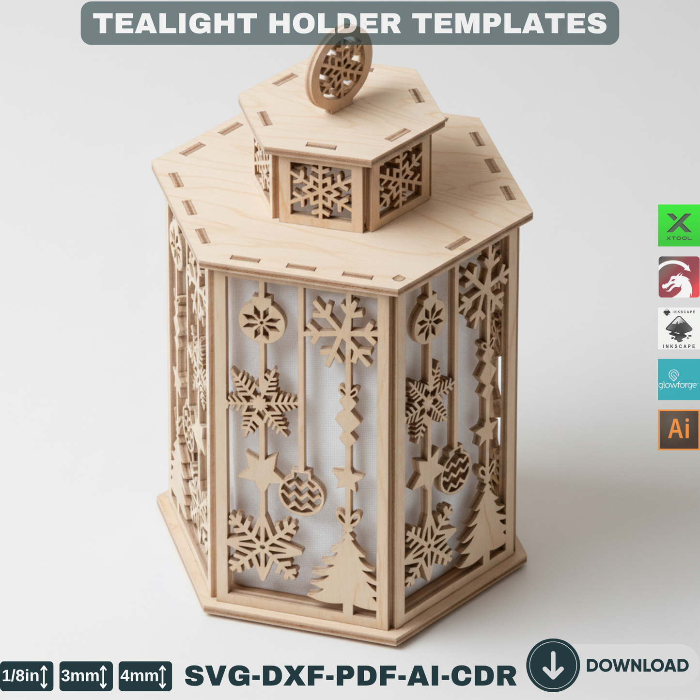Laser Cut Christmas Lantern Set – Wooden Tealight Holders, DIY Tabletop Holiday Lights, Winter Village Christmas Home Decor 904