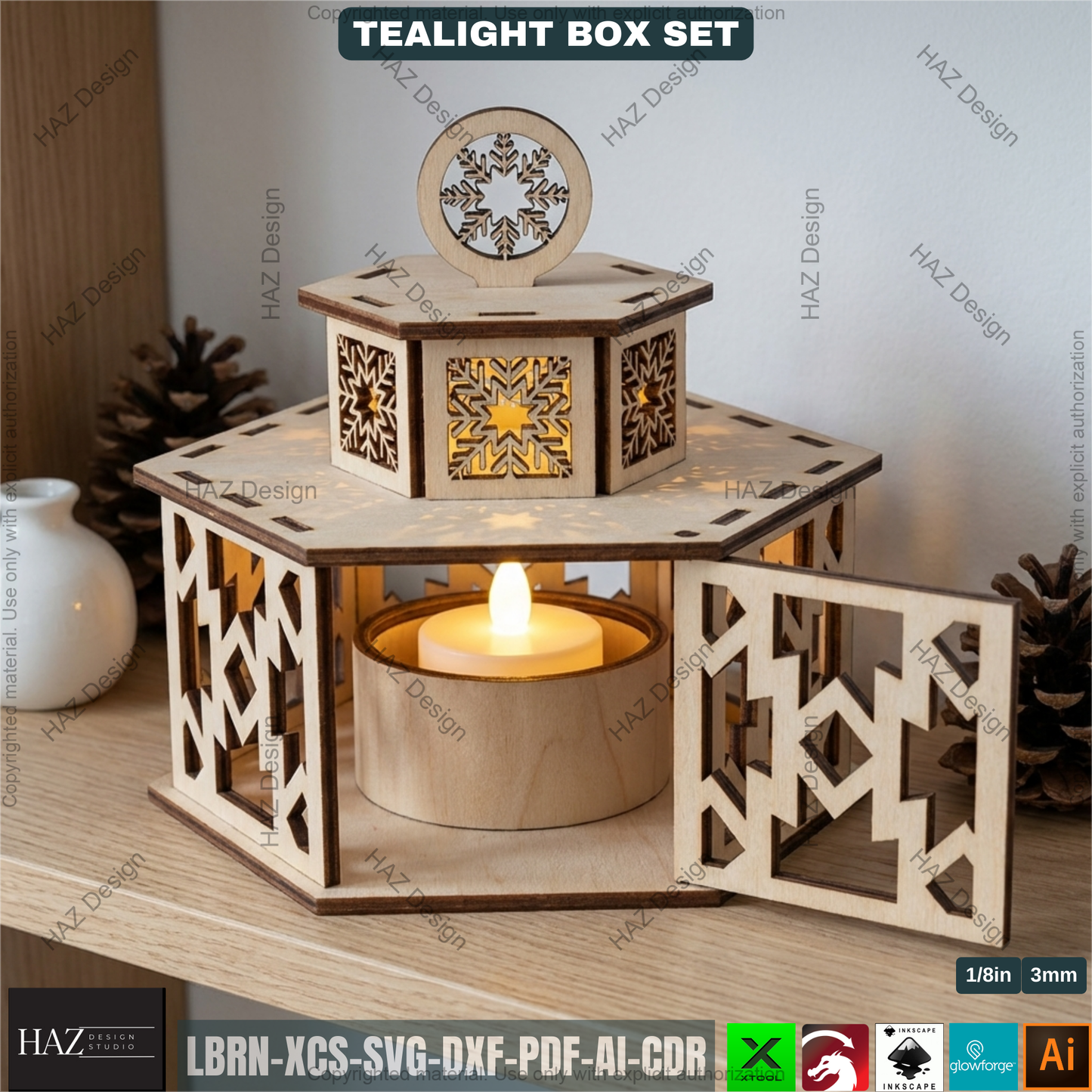 Festive Tealight Lanterns – Christmas Candle Holder with Lid - Laser Cut Tabletop Decor - Tealight Box Lights 504