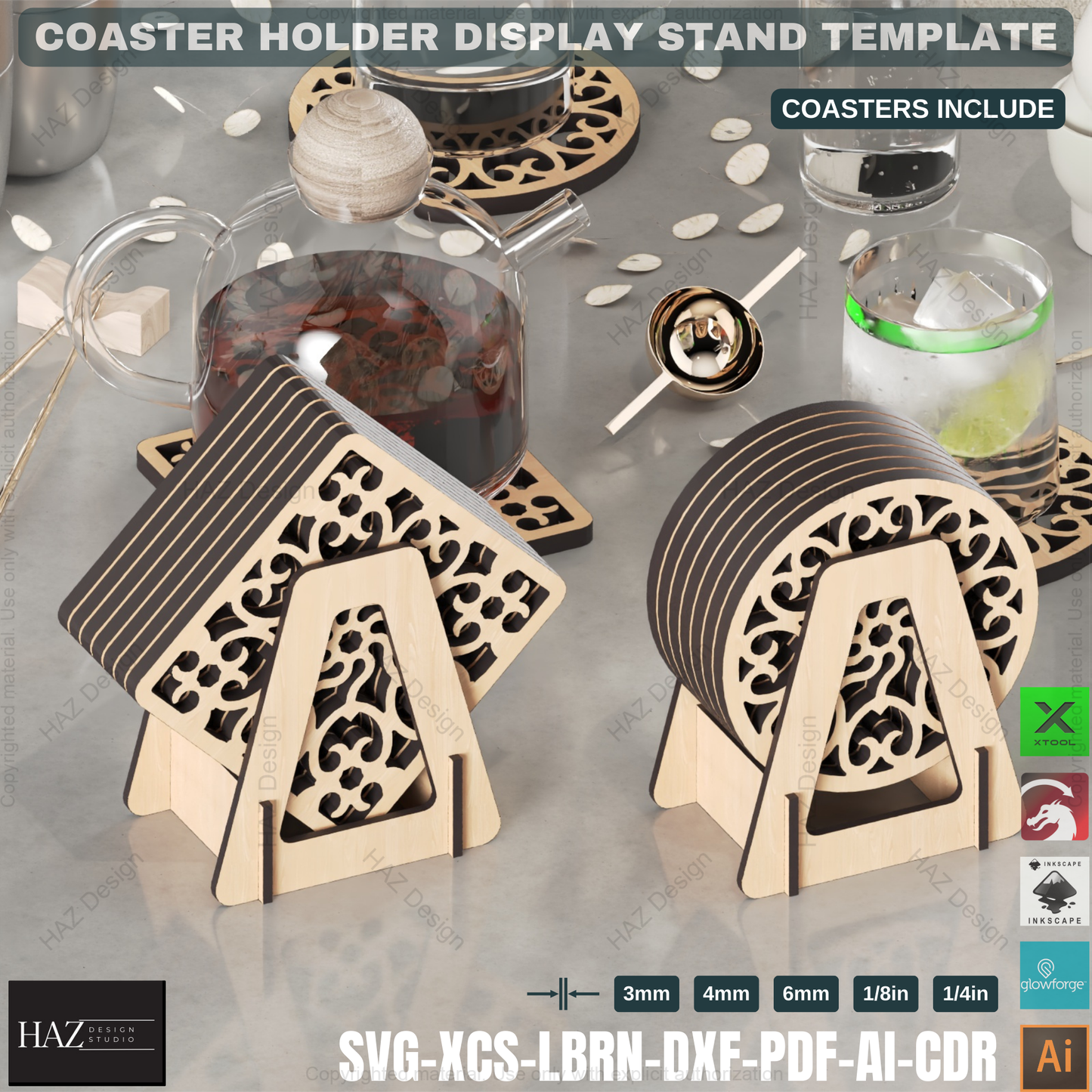 Laser Cut Coaster Caddie: Wooden Round & Square Designs,Coaster Holder SVG: Digital File for Laser Cutting, 5 Thicknesses 430