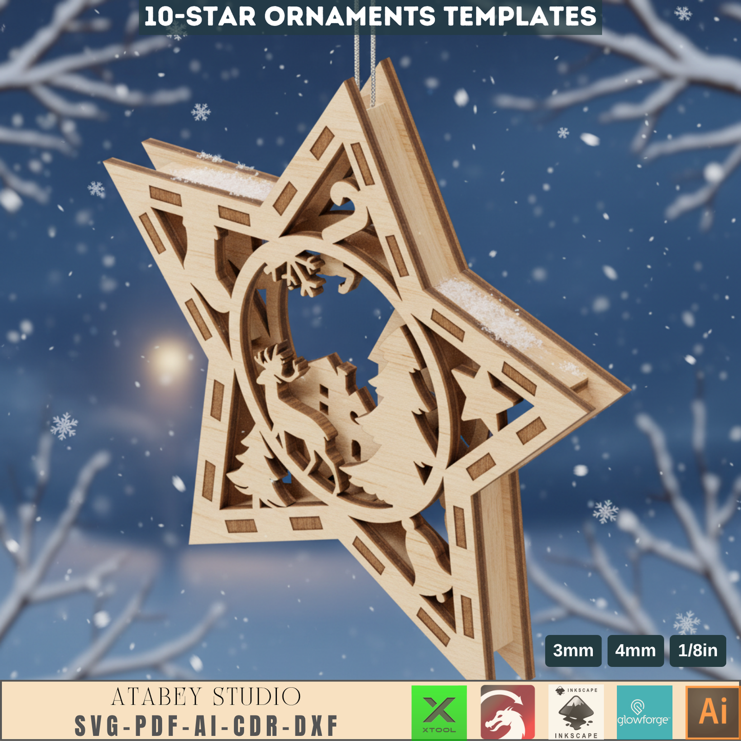 3D Christmas Star Ornament Laser Cut Files for Wood & Acrylic Holiday Tree Decorations 959
