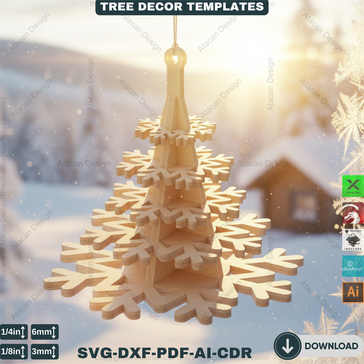 3D Christmas Tree Laser Cut File, Rustic Snowflake Holiday Decor, DIY Winter Tabletop Centerpiece for Glowforge & xTool 908