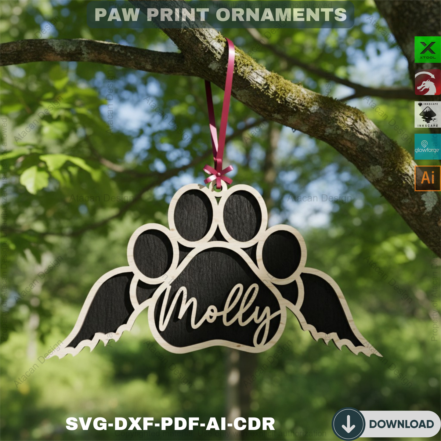 Personalized Dog Paw Ornament - Custom Wooden Pet Christmas Keepsake for Laser Cutting 809