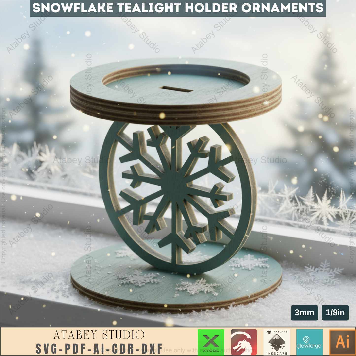 Winter Snowflake Tea Light Holder Set | Wooden Laser Cut Candle Stand Pattern | Christmas Ornament DIY Digital Craft Files 963