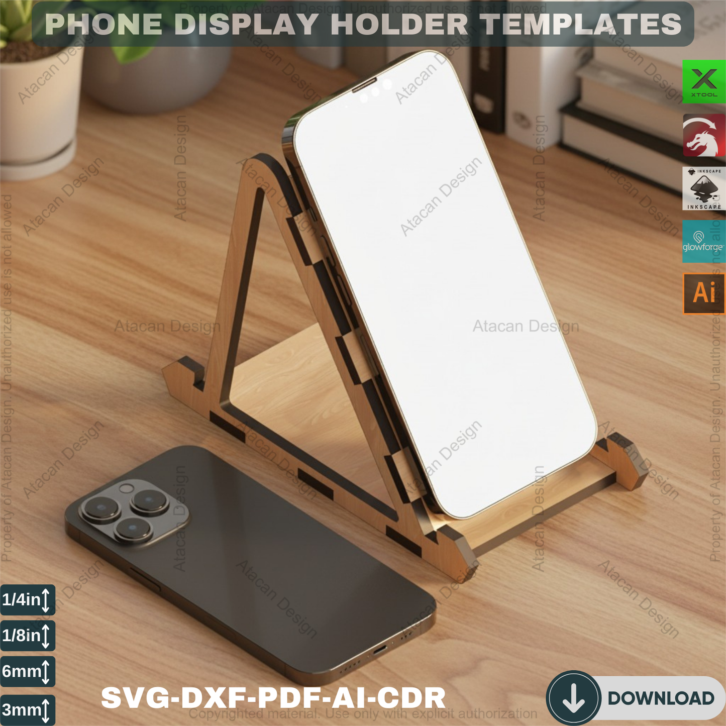 Laser Cut Phone Stand Plan,Wooden Phone Stand Laser Plan Modern Cell Phone Holder for Desk Adjustable Thickness Design Digital Download 108