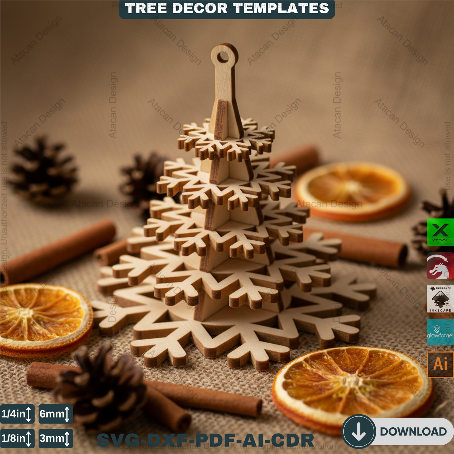 3D Christmas Tree Laser Cut File, Rustic Snowflake Holiday Decor, DIY Winter Tabletop Centerpiece for Glowforge & xTool 908