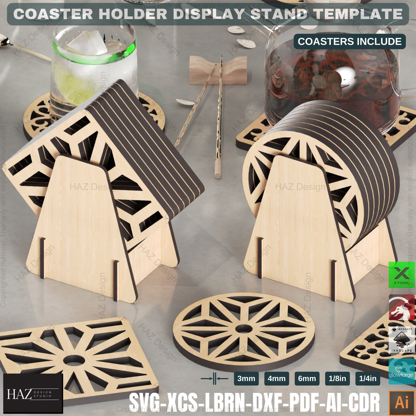 Laser Cut Coaster Caddie: Wooden Round & Square Designs,Coaster Holder SVG: Digital File for Laser Cutting, 5 Thicknesses 430