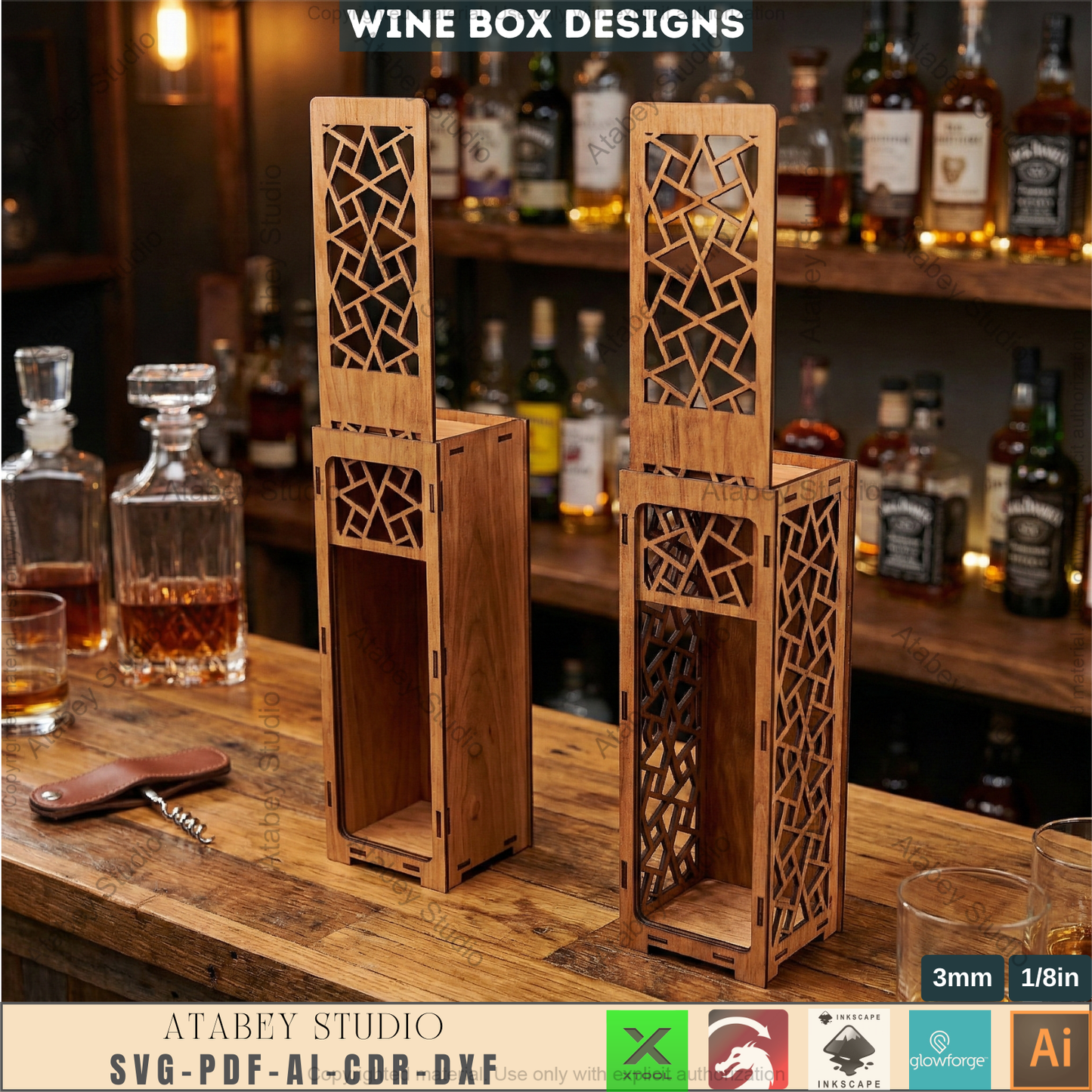 Laser Cut Wine Bottle Gift Box Bundle, Wooden Wine Carrier, Decorative Wine Box 987
