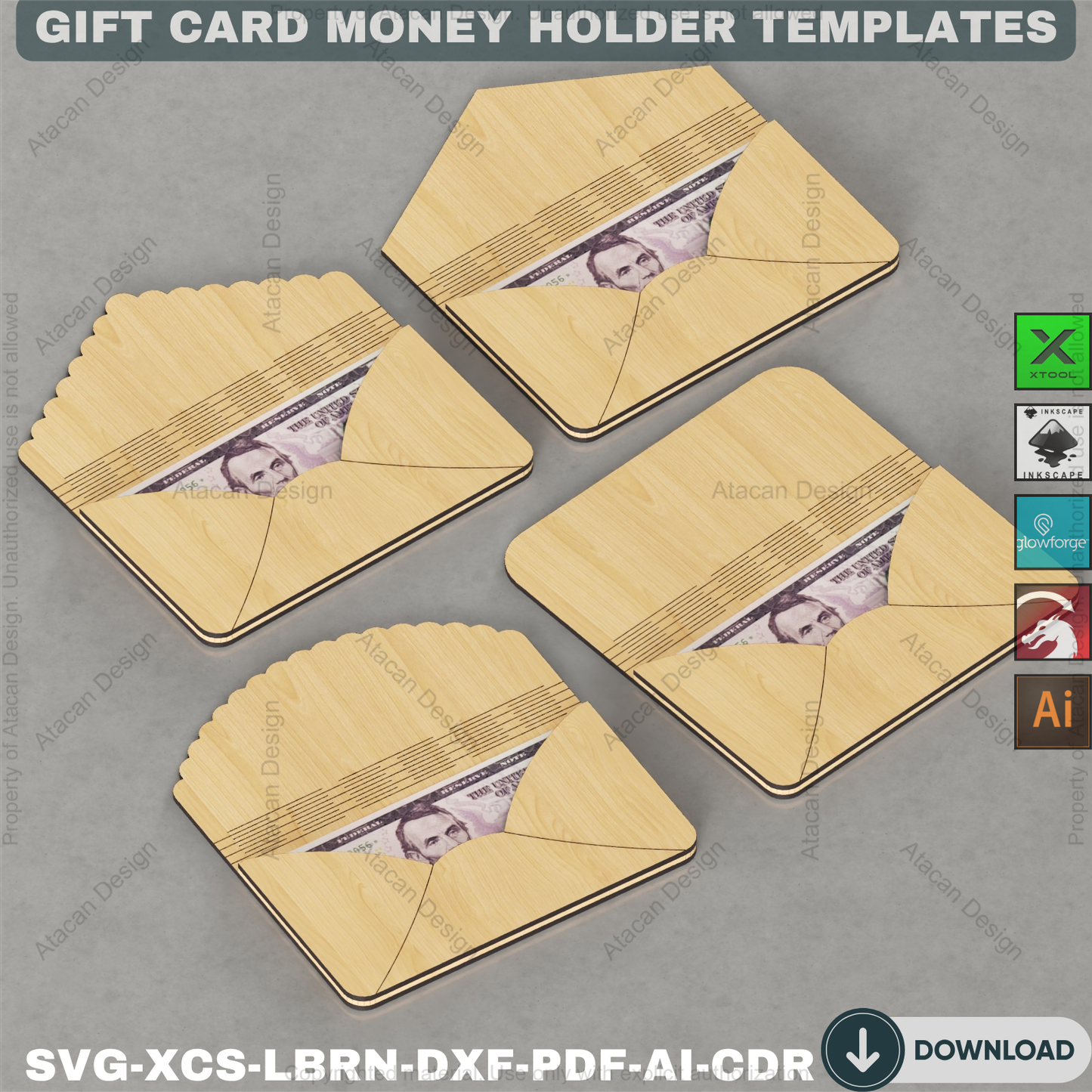 Wooden Envelope Style Money Holder and Gift Card Templates for Laser Cutting DIY Wedding Graduation and Birthday Gifts 898