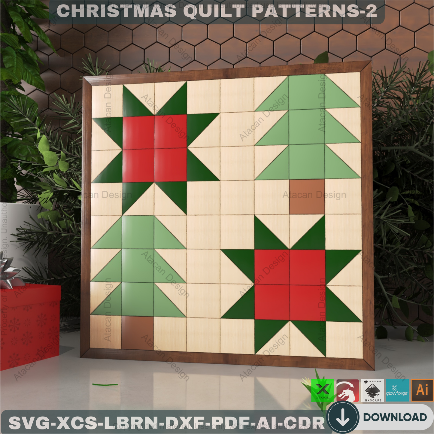Christmas Patchwork SVG Files, Holiday Wood Quilt Block Templates, Laser Cut Tree and Snowflake Art for Farmhouse Decor 891