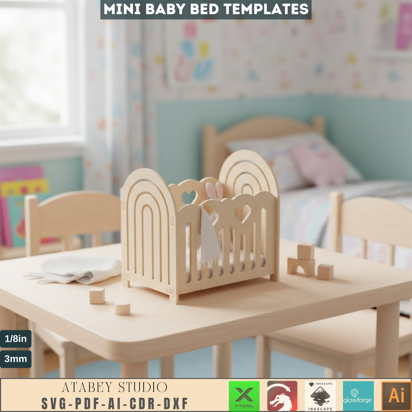 Laser Cut Doll Crib SVG, Miniature Baby Bed DXF, Wooden Toy Cradle Plans, DIY Dollhouse Furniture Digital File 950