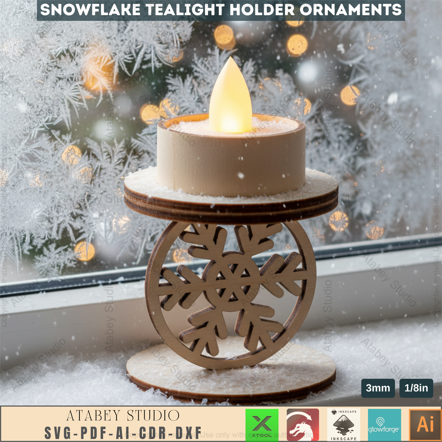 Winter Snowflake Tea Light Holder Set | Wooden Laser Cut Candle Stand Pattern | Christmas Ornament DIY Digital Craft Files 963