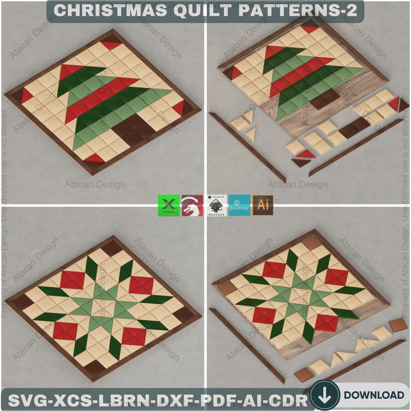 Christmas Patchwork SVG Files, Holiday Wood Quilt Block Templates, Laser Cut Tree and Snowflake Art for Farmhouse Decor 891