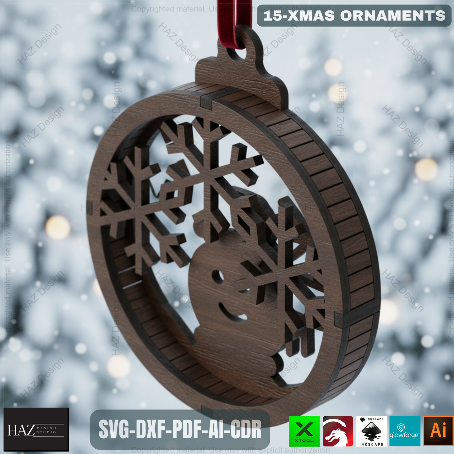 Christmas Laser Cut Ornament SVG Bundle - 15 Unique Wooden Xmas Pendant Designs for Glowforge & Xtool 487