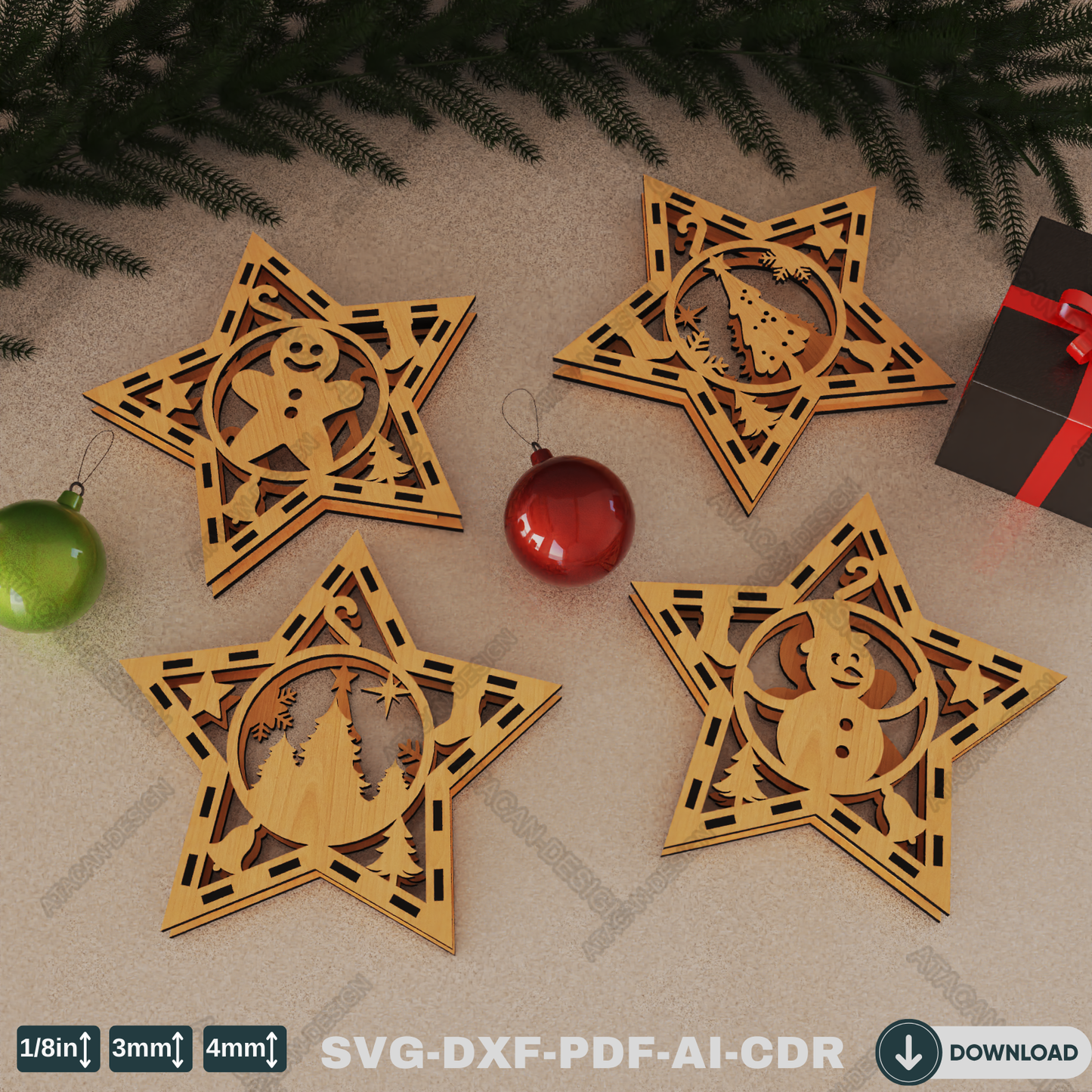 Charming Wooden Star Ornaments - Laser Cut Christmas Tree Decorations with Seasonal Characters 772